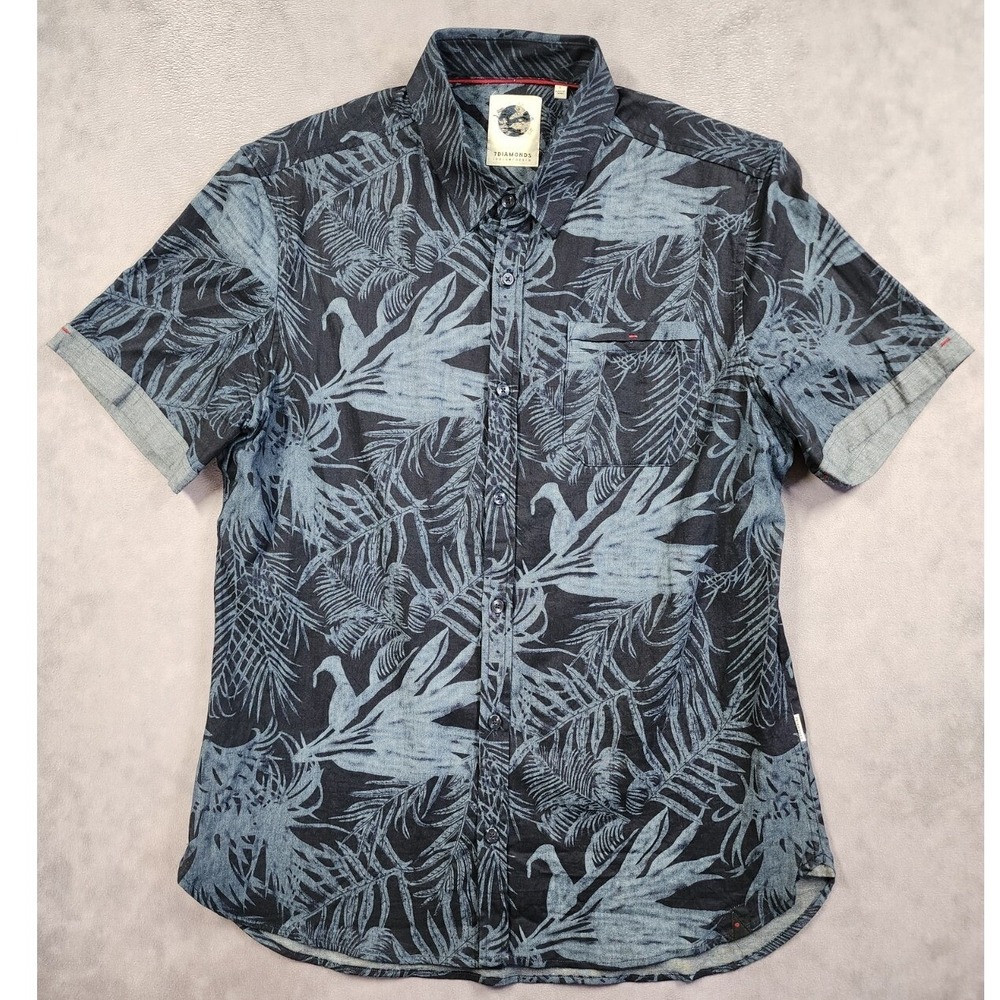 7Diamonds Button Up Shirt Mens Large Blue Floral Leaf Indigo Denim SMK-7063